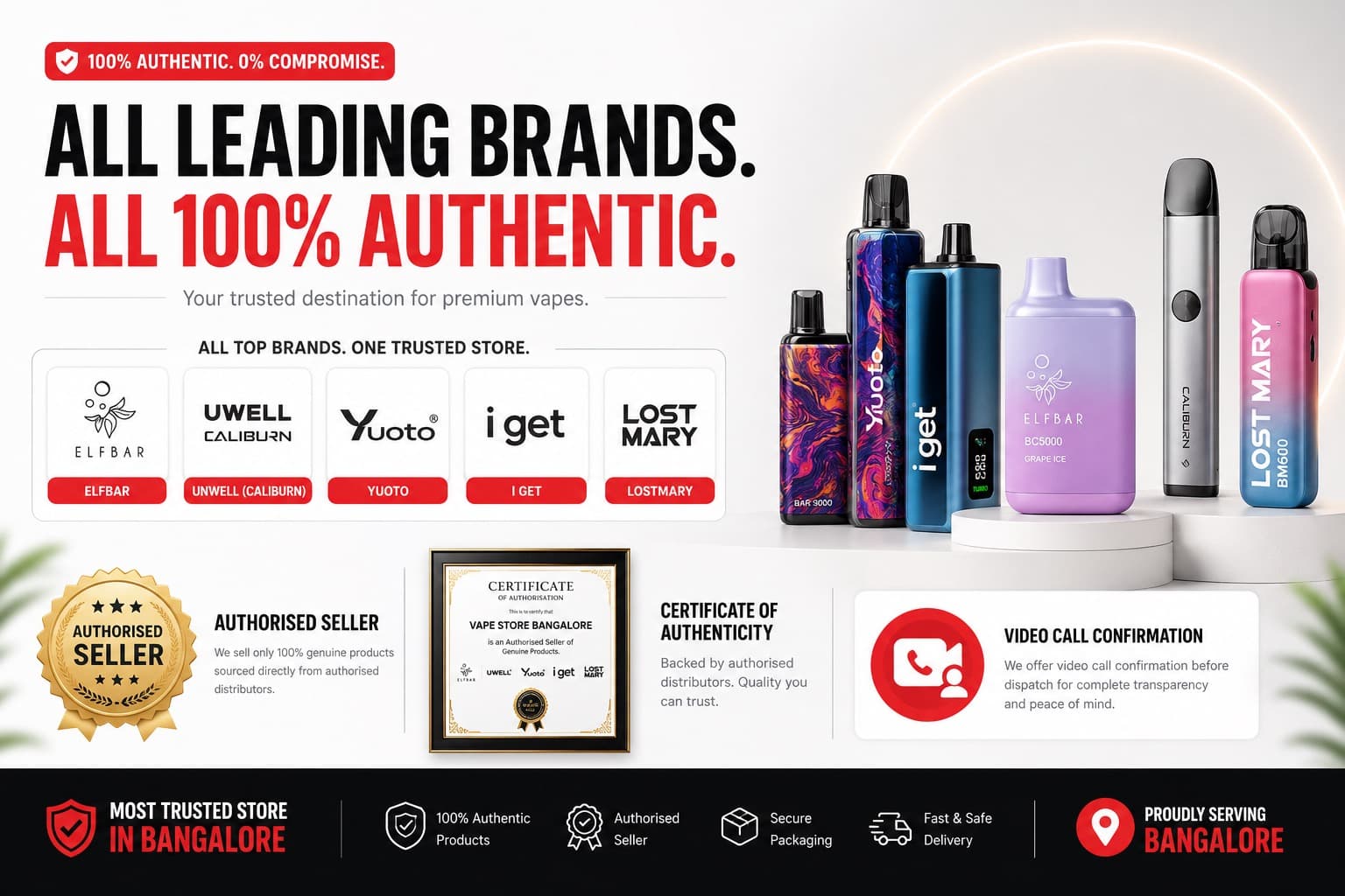 All leading vape brands in Bangalore — Elfbar, Uwell Caliburn, Yuoto, IGET, Lost Mary — 100% authentic authorized seller